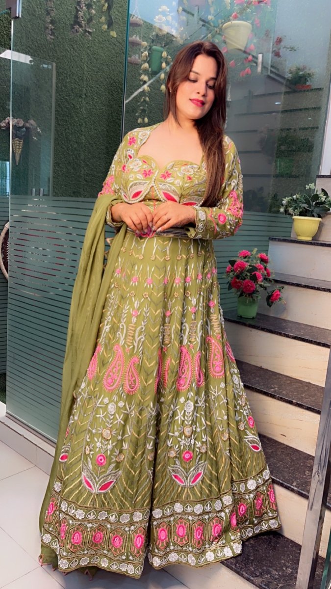 Green Hand - Embroidered Lehenga Choli (Mehndi Outfit) - Kirti Kapoor Couture
