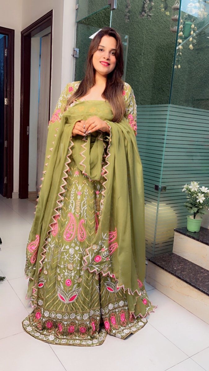 Green Hand - Embroidered Lehenga Choli (Mehndi Outfit) - Kirti Kapoor Couture