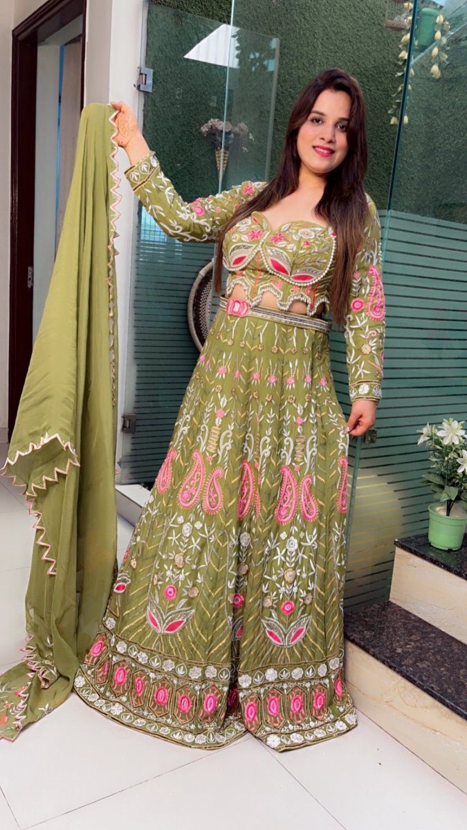 Green Hand - Embroidered Lehenga Choli (Mehndi Outfit) - Kirti Kapoor Couture