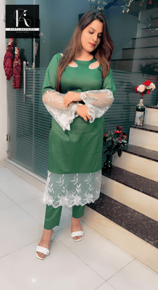 Green Kurti and Pant Set (Designer Lace - Worked) - Kirti Kapoor Couture