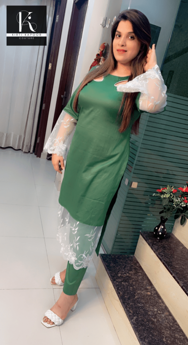 Green Kurti and Pant Set (Designer Lace - Worked) - Kirti Kapoor Couture