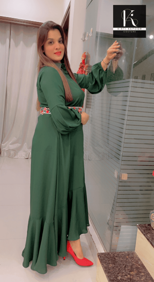 Green Maxi with Embroidered Belt - Kirti Kapoor Couture