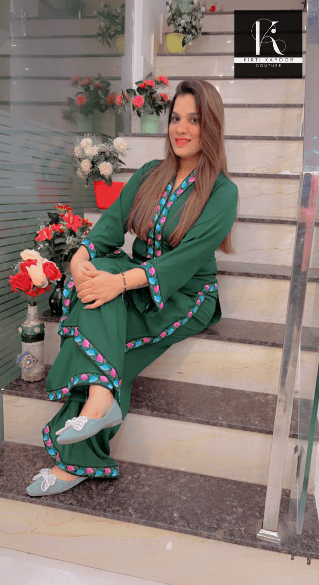 Green Plazo Suit - Floral Embroidered Lace Work - Kirti Kapoor Couture