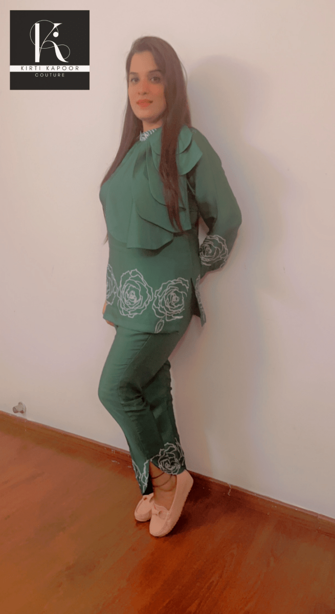 Green Satin Georgette Co - ord Set - Kirti Kapoor Couture