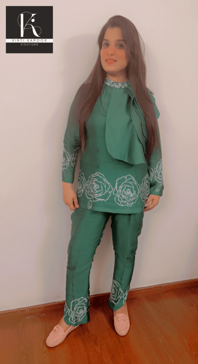 Green Satin Georgette Co - ord Set - Kirti Kapoor Couture