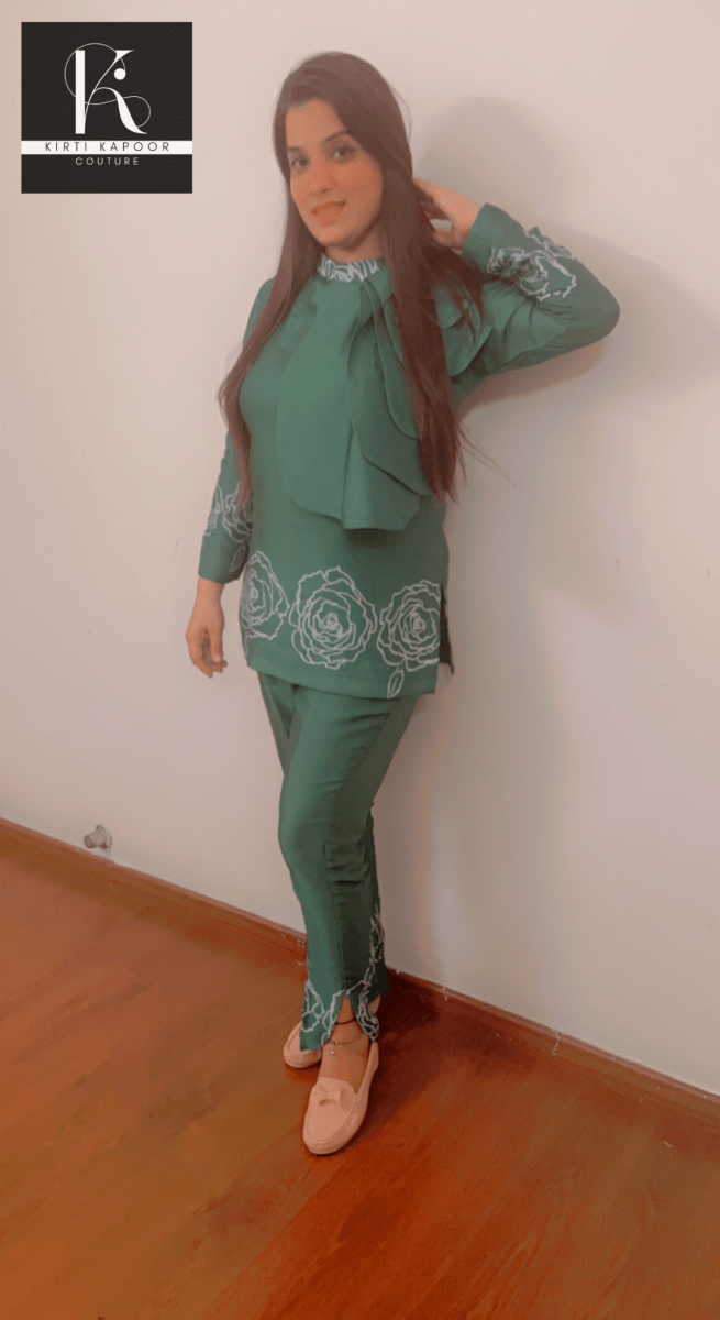 Green Satin Georgette Co - ord Set - Kirti Kapoor Couture