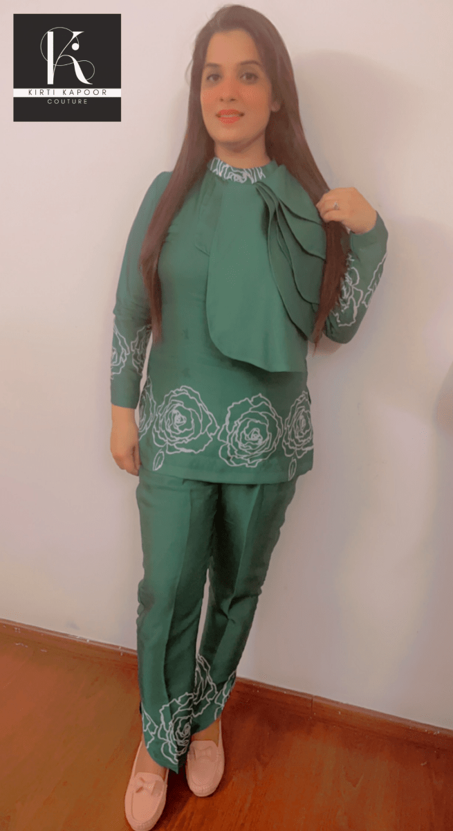 Green Satin Georgette Co - ord Set - Kirti Kapoor Couture