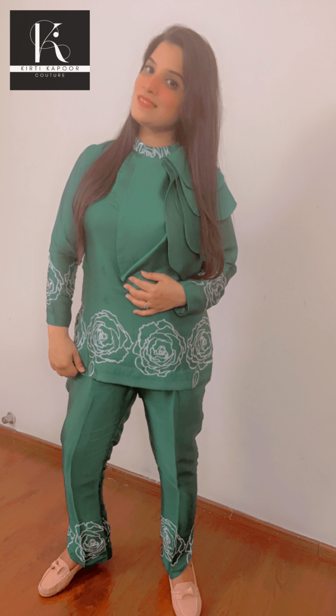 Green Satin Georgette Co - ord Set - Kirti Kapoor Couture