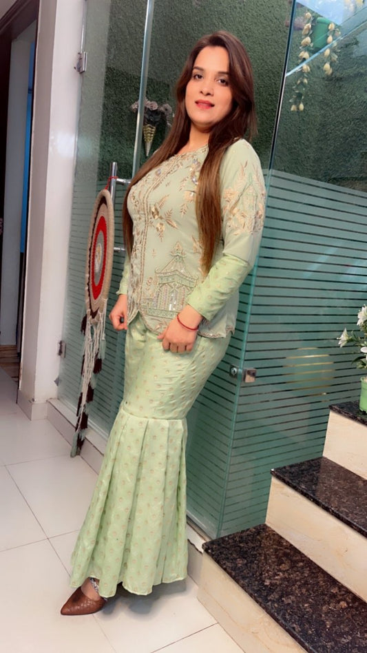 Green Velvet Embroidered Set with Brocade Sharara - Kirti Kapoor Couture