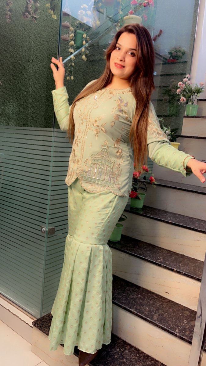 Green Velvet Embroidered Set with Brocade Sharara - Kirti Kapoor Couture
