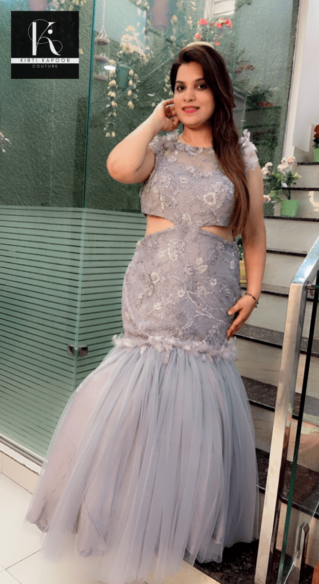 Grey Embroidered Fabric Fish - Cut Style Gown - Kirti Kapoor Couture