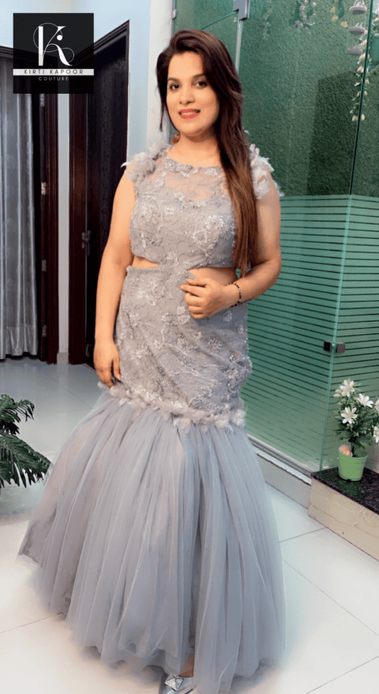 Grey Embroidered Fabric Fish - Cut Style Gown - Kirti Kapoor Couture