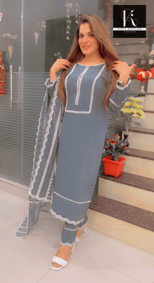 Grey Suit with Lace - work & Organza Dupatta - Kirti Kapoor Couture