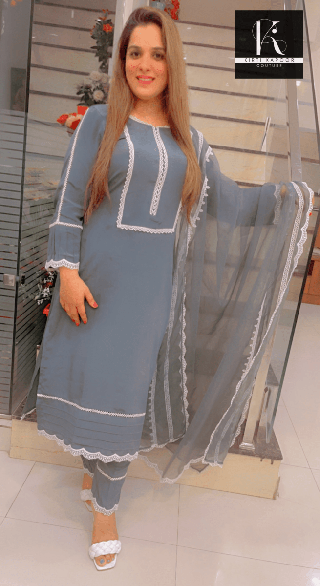 Grey Suit with Lace - work & Organza Dupatta - Kirti Kapoor Couture