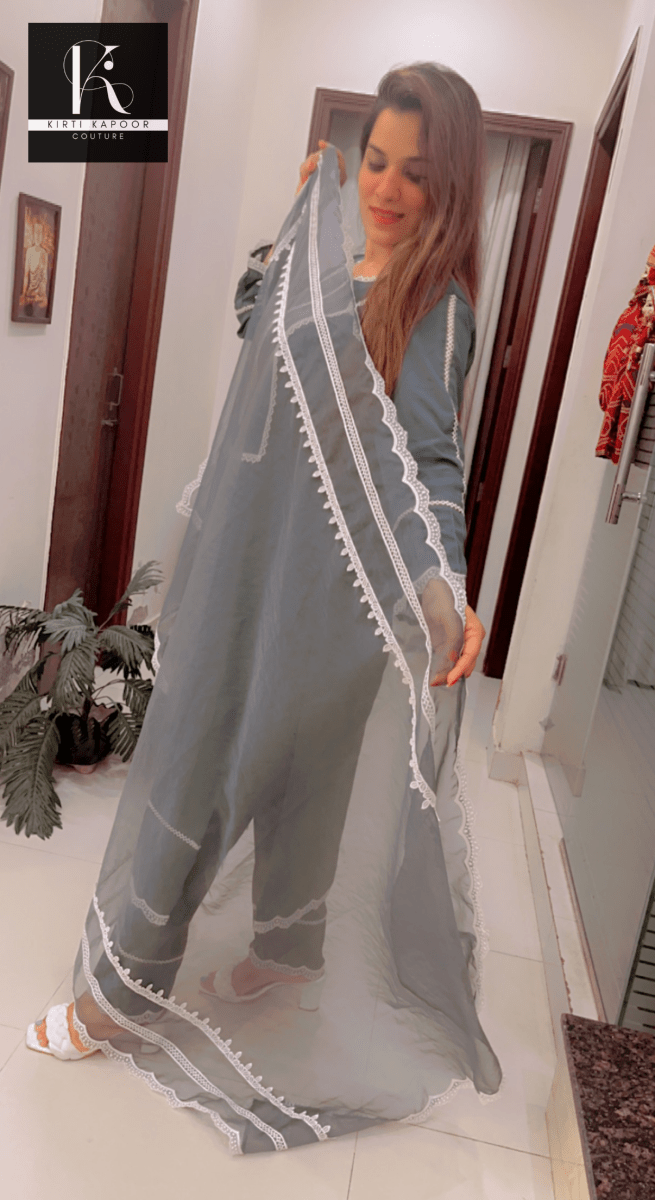 Grey Suit with Lace - work & Organza Dupatta - Kirti Kapoor Couture