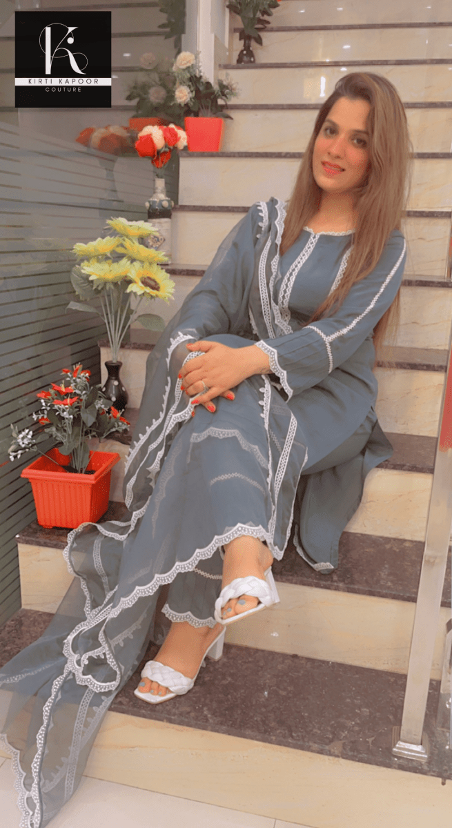 Grey Suit with Lace - work & Organza Dupatta - Kirti Kapoor Couture