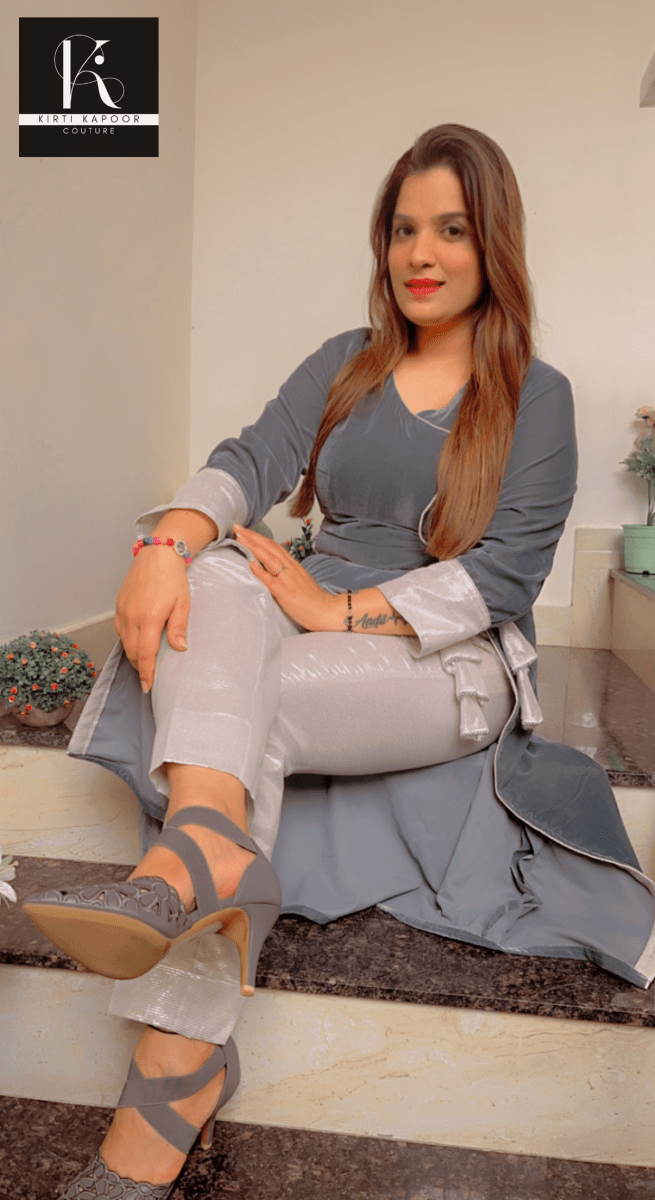 Grey Velvet Kurti with Contrasting Pant - Kirti Kapoor Couture