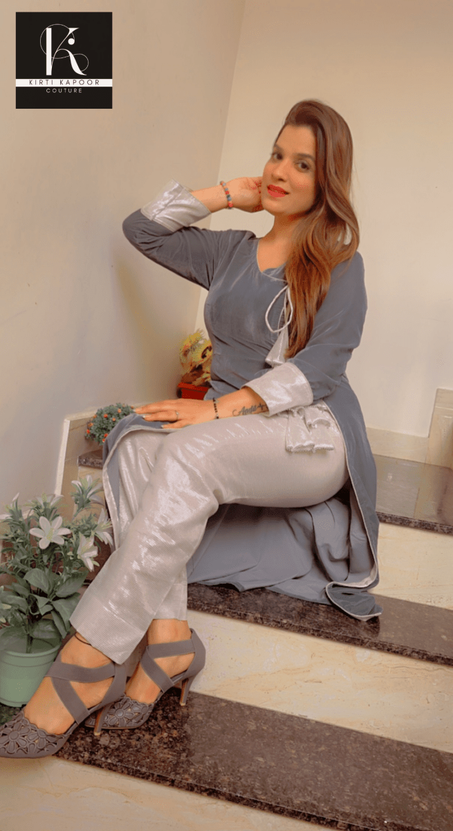 Grey Velvet Kurti with Contrasting Pant - Kirti Kapoor Couture