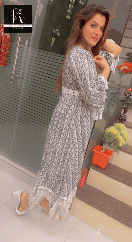 Grey - White Printed A - line Kurti - Kirti Kapoor Couture