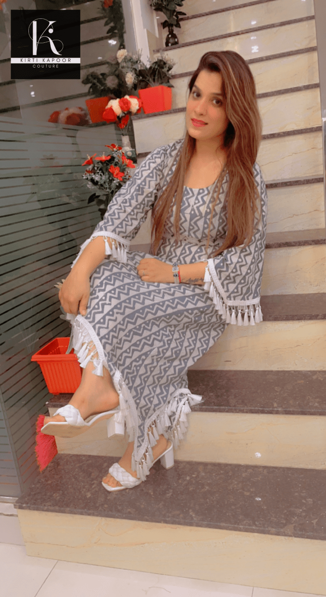 Grey - White Printed A - line Kurti - Kirti Kapoor Couture