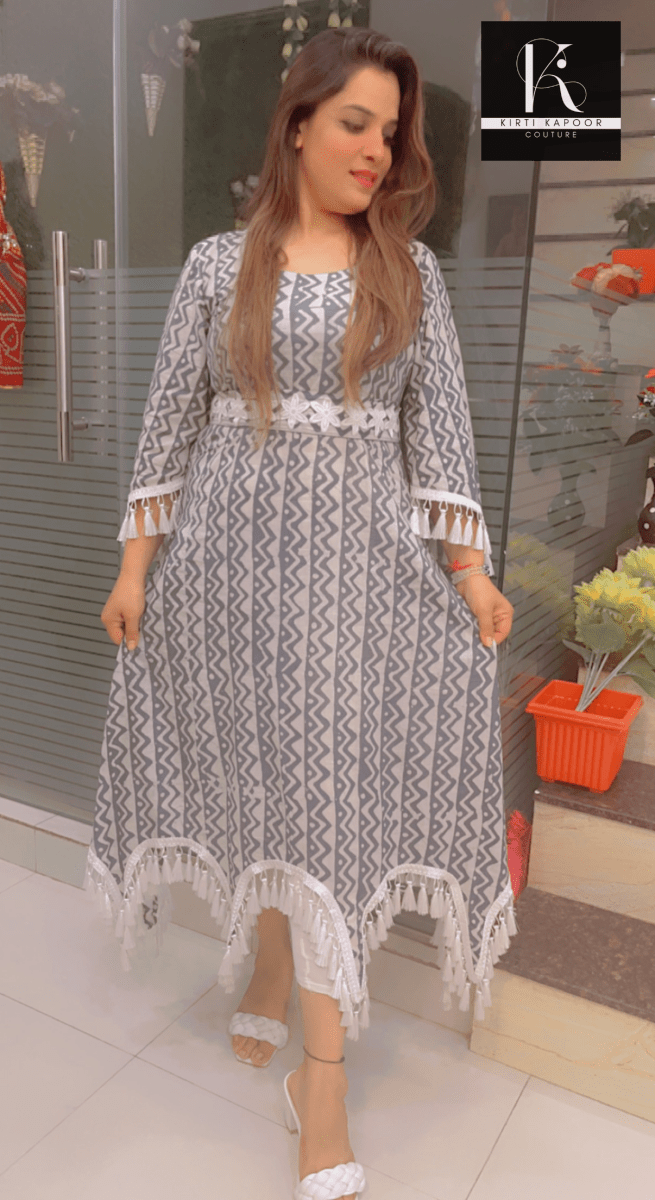 Grey - White Printed A - line Kurti - Kirti Kapoor Couture
