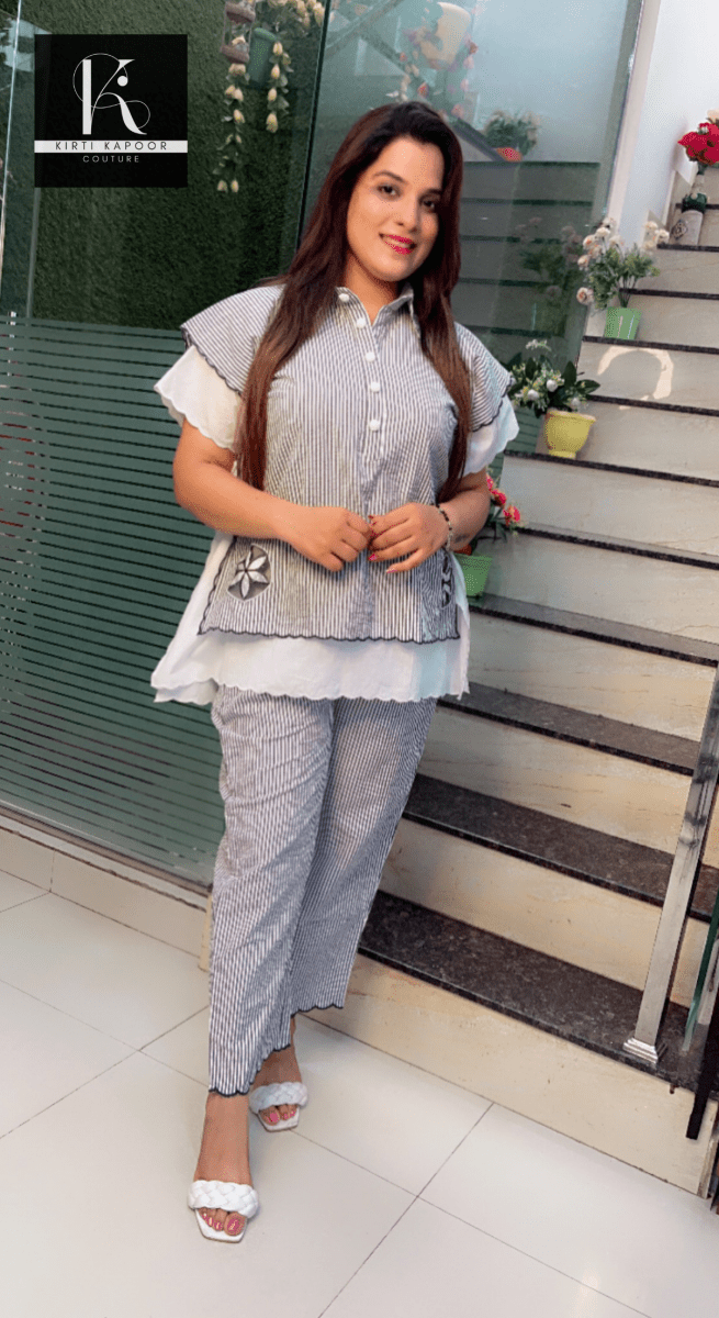 Grey - White Striped Embroidered Co - ord with Scalping - Kirti Kapoor Couture
