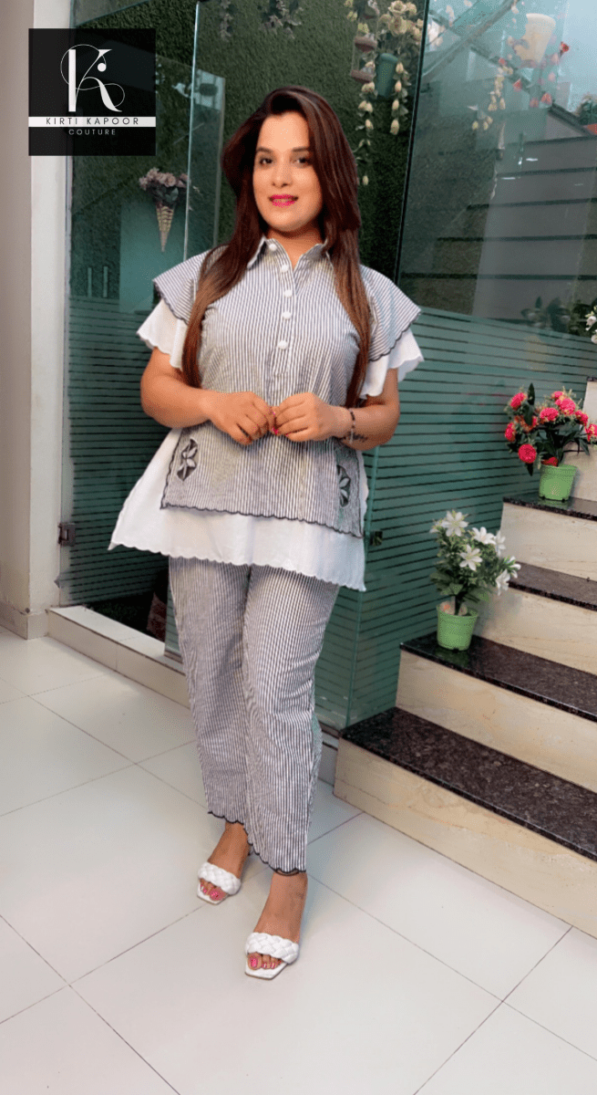 Grey - White Striped Embroidered Co - ord with Scalping - Kirti Kapoor Couture