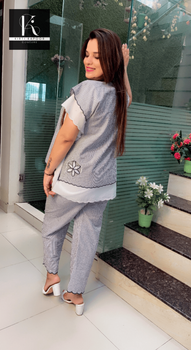 Grey - White Striped Embroidered Co - ord with Scalping - Kirti Kapoor Couture