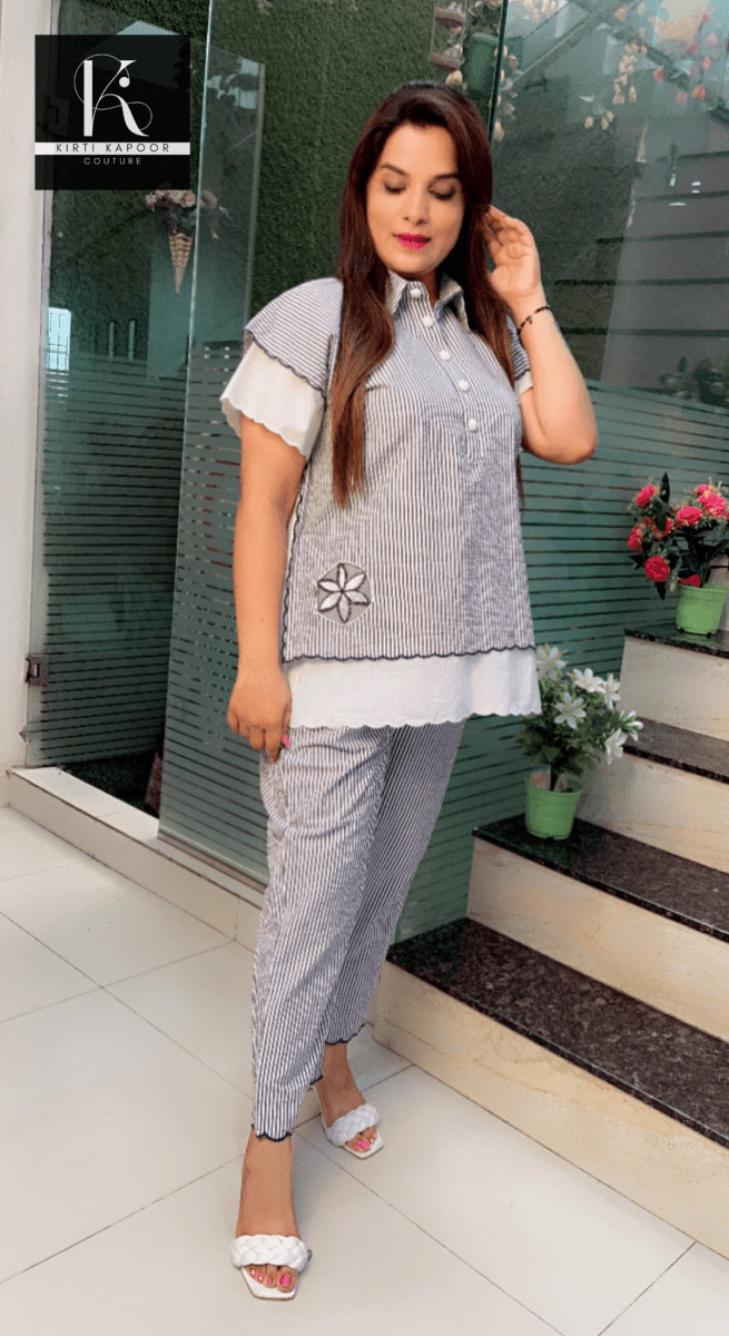 Grey - White Striped Embroidered Co - ord with Scalping - Kirti Kapoor Couture