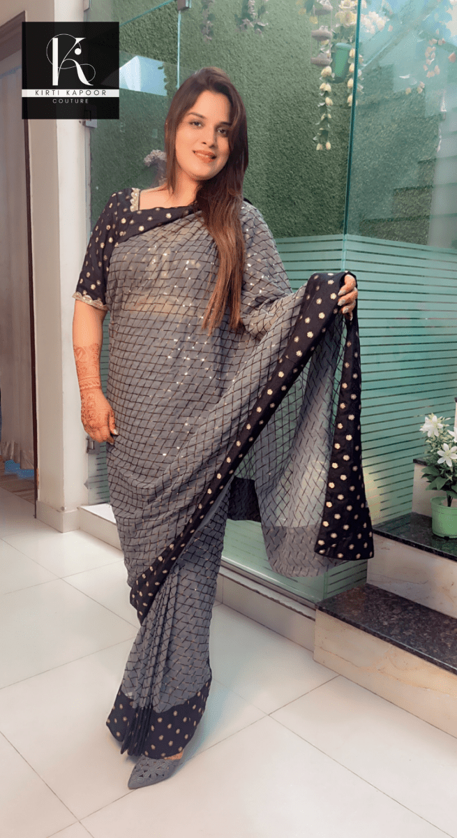 Greyish - Black Worked Fabric Saree with Brocade Blouse - Kirti Kapoor Couture