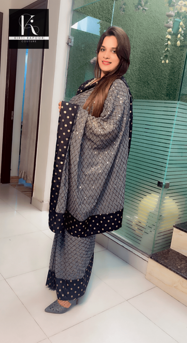 Greyish - Black Worked Fabric Saree with Brocade Blouse - Kirti Kapoor Couture
