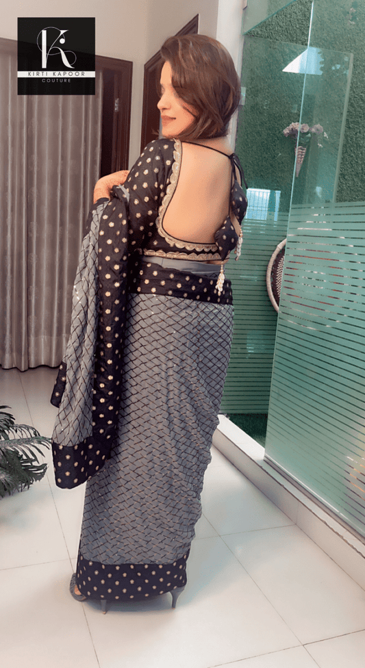 Greyish - Black Worked Fabric Saree with Brocade Blouse - Kirti Kapoor Couture
