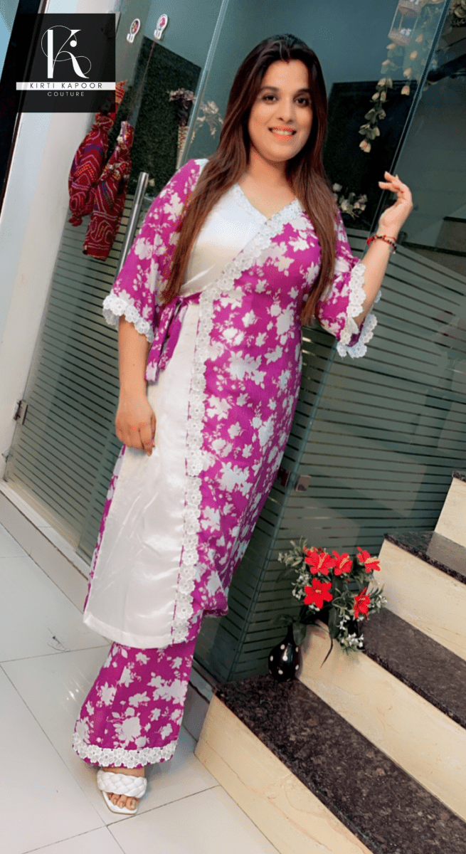 Half and Half Floral and Plain Summer Co - ord Set - Kirti Kapoor Couture
