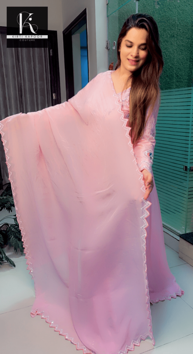 Hand - Embroidered Anarkali with Cutworked Dupatta - Kirti Kapoor Couture
