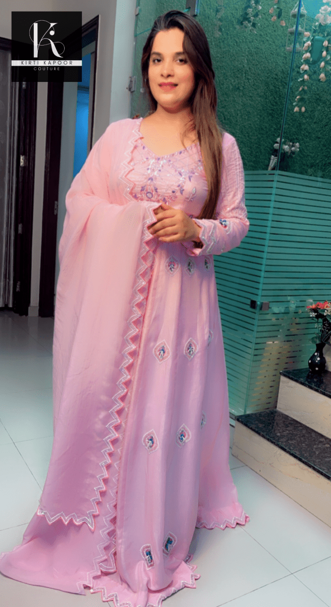 Hand - Embroidered Anarkali with Cutworked Dupatta - Kirti Kapoor Couture