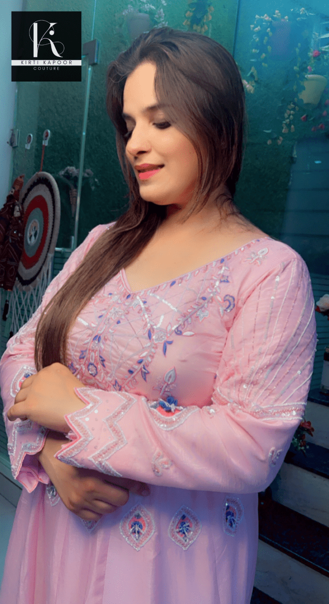 Hand - Embroidered Anarkali with Cutworked Dupatta - Kirti Kapoor Couture