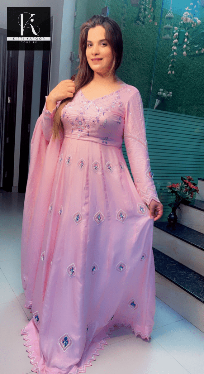 Hand - Embroidered Anarkali with Cutworked Dupatta - Kirti Kapoor Couture