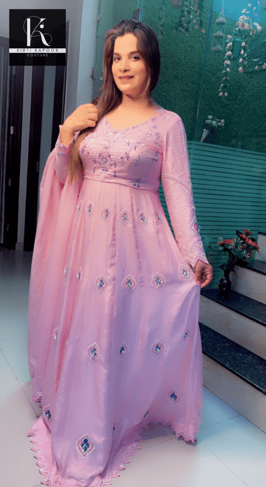 Hand - Embroidered Anarkali with Cutworked Dupatta - Kirti Kapoor Couture