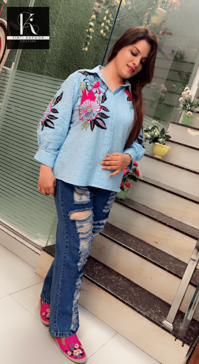 Hand - Embroidered Cotton Stripped Shirt - Kirti Kapoor Couture