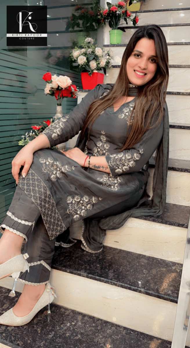Hand - Embroidered Grey Suit with Dotted Dupatta - Kirti Kapoor Couture