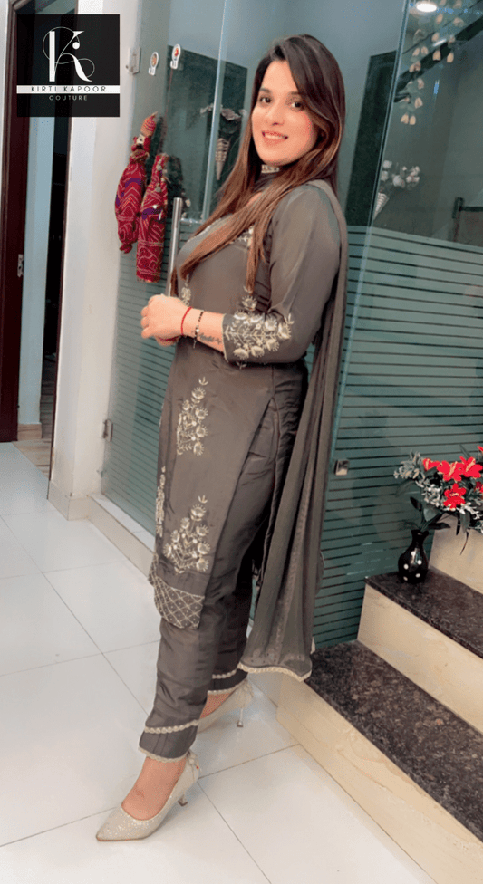 Hand - Embroidered Grey Suit with Dotted Dupatta - Kirti Kapoor Couture