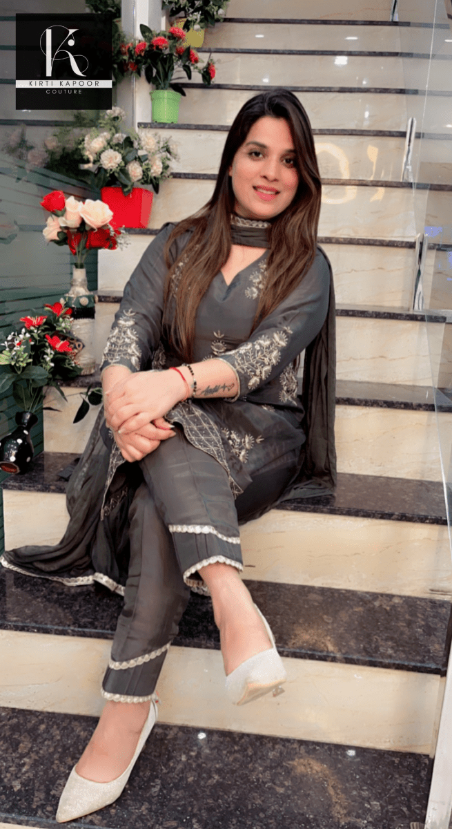 Hand - Embroidered Grey Suit with Dotted Dupatta - Kirti Kapoor Couture