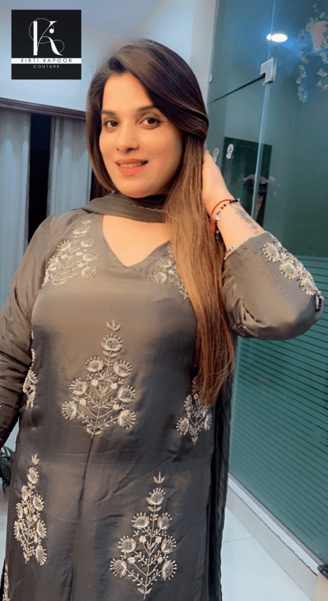 Hand - Embroidered Grey Suit with Dotted Dupatta - Kirti Kapoor Couture