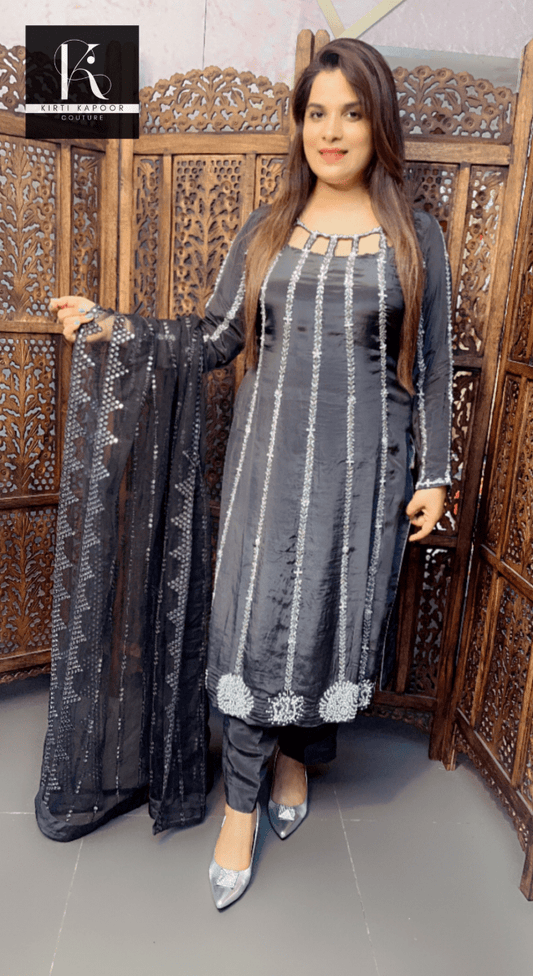Hand - Embroidered Greyish Black Suit with Designer Neckline - Kirti Kapoor Couture