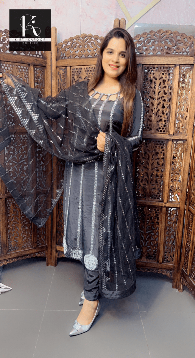 Hand - Embroidered Greyish Black Suit with Designer Neckline - Kirti Kapoor Couture