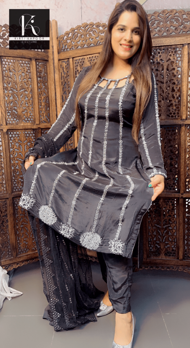 Hand - Embroidered Greyish Black Suit with Designer Neckline - Kirti Kapoor Couture