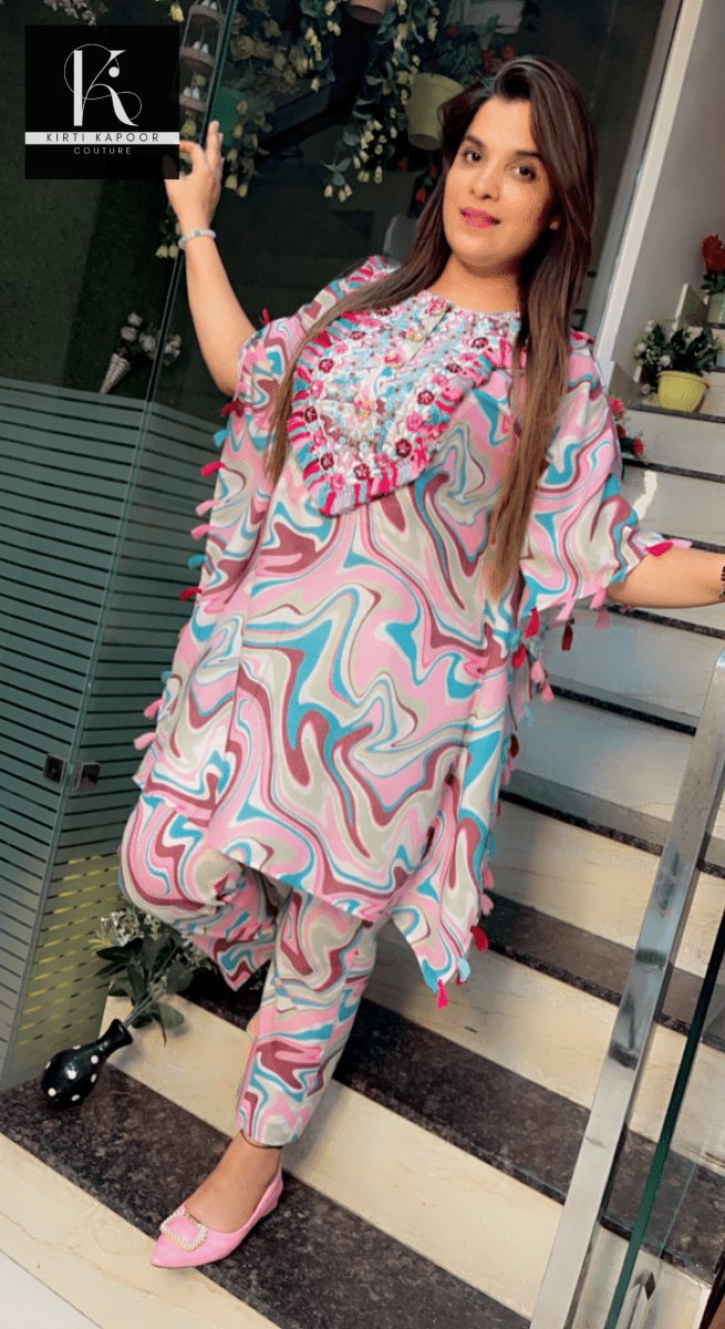 Hand - Embroidered Printed Kaftan with Pant - Kirti Kapoor Couture