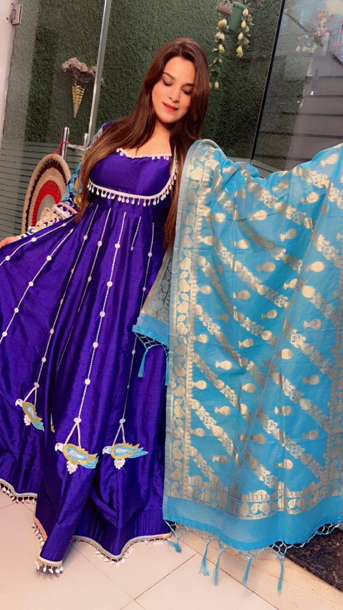 Heavily Embroidered Purple Anarkali with Contrasting Banarasi Dupatta - Kirti Kapoor Couture