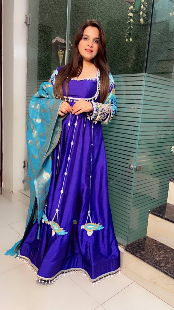 Heavily Embroidered Purple Anarkali with Contrasting Banarasi Dupatta - Kirti Kapoor Couture