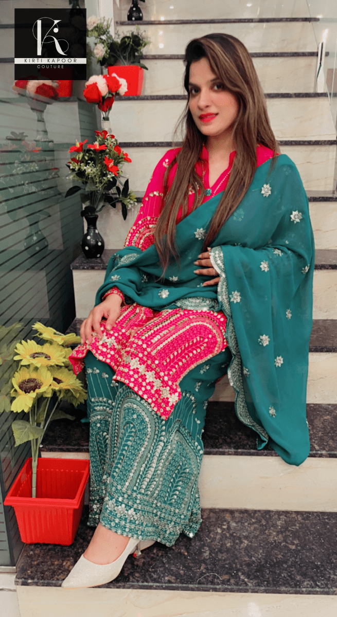 Hot - pink and Peacock Green Embroidered Suit - Kirti Kapoor Couture